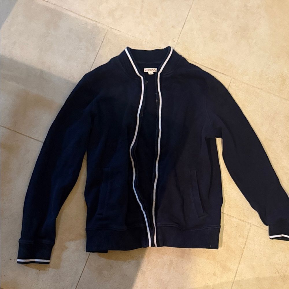 Navy and White Zip-Up Jacket MERONA Size Medium White Striped Cuff and Pockets